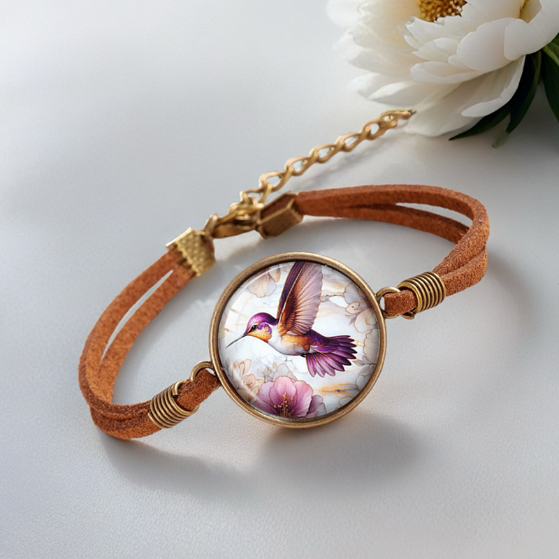 2pcs Vintage Hummingbird and Flower Handmade Glass Bangles